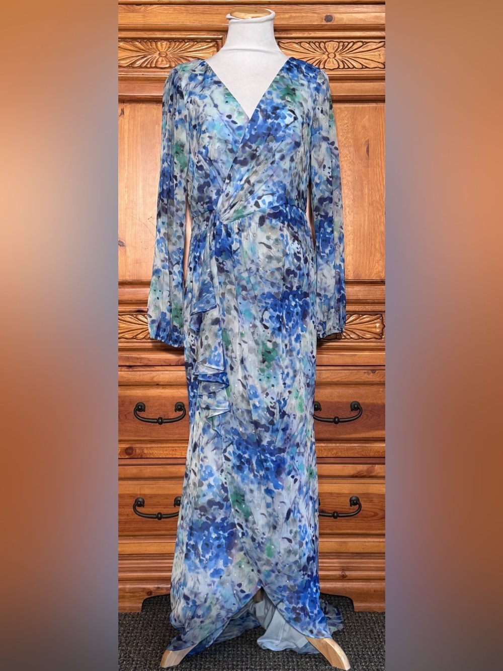Adrianna Papell Blue, Green and White Floral Wrap Maxi Dress with Long Sleeves
